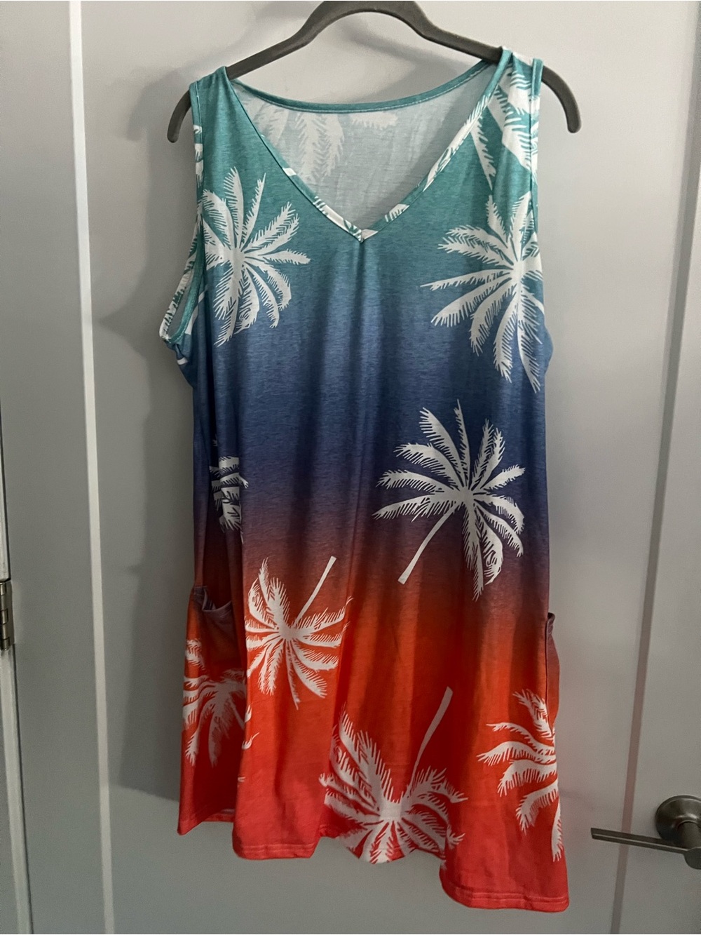Amazon Teal Blue Red Ombre Palm V-Neck Sleeveless Tunic